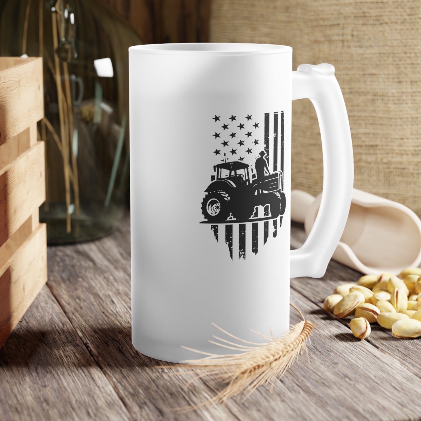 Frosted Glass Beer Mug - USA Tractor, Distressed Flag