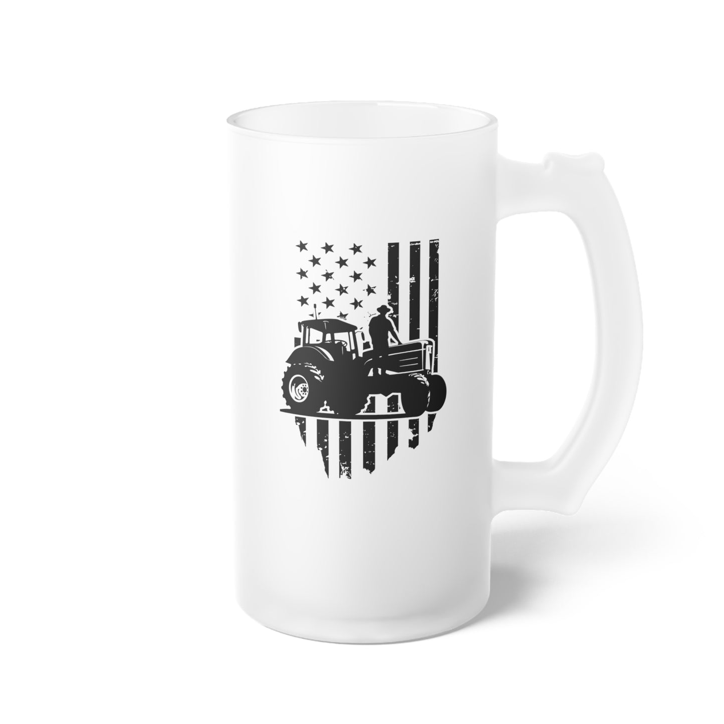 Frosted Glass Beer Mug - USA Tractor, Distressed Flag