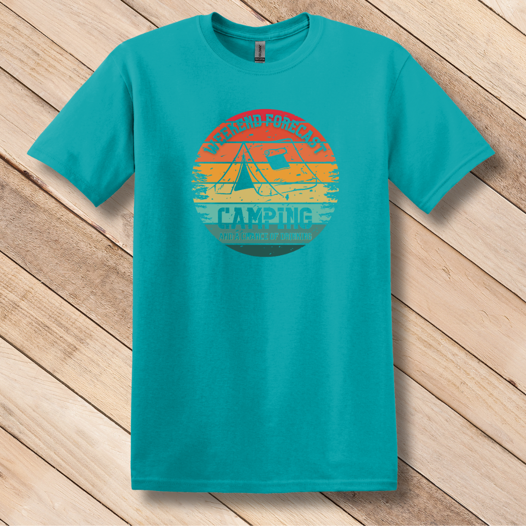This is image of Weekend Forecast Camping Chance of Drinking T-Shirt version 2