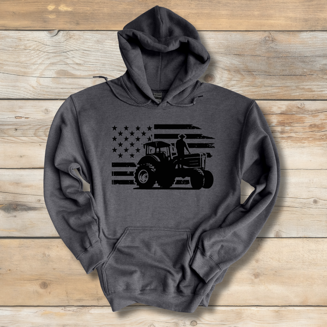 USA Tractor, Distressed Flag Long-Sleeve Hoodie | Farmer Gift