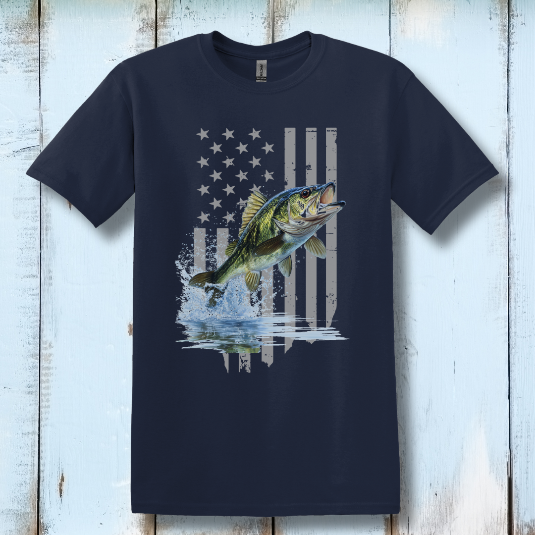 This is image of Largemouth Bass with Distressed Flag T-Shirt version 2