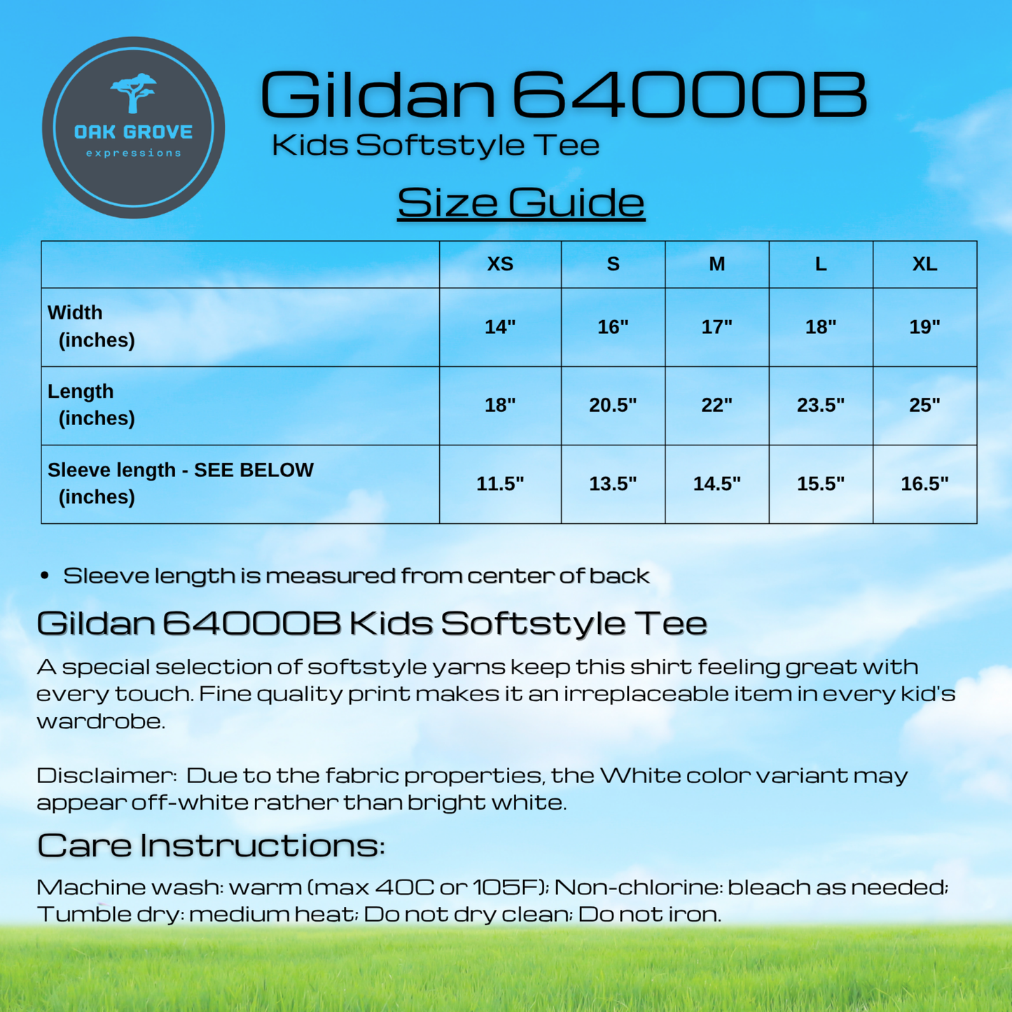 Gildan 64000B Kids Softstyle Tee size guide with measurements on a blue and green background.