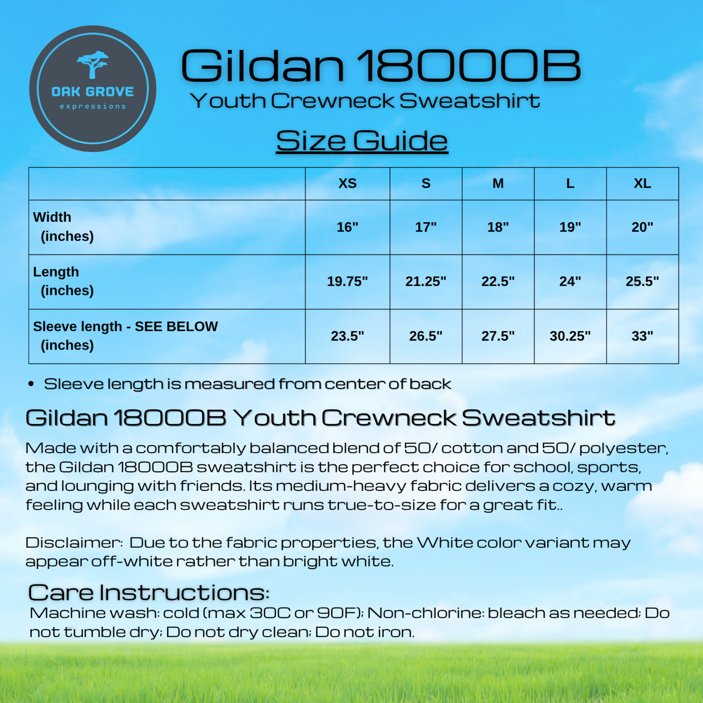 Gildan 18000B Youth Crewneck Sweatshirt size guide with specifications on a blue and green background.
