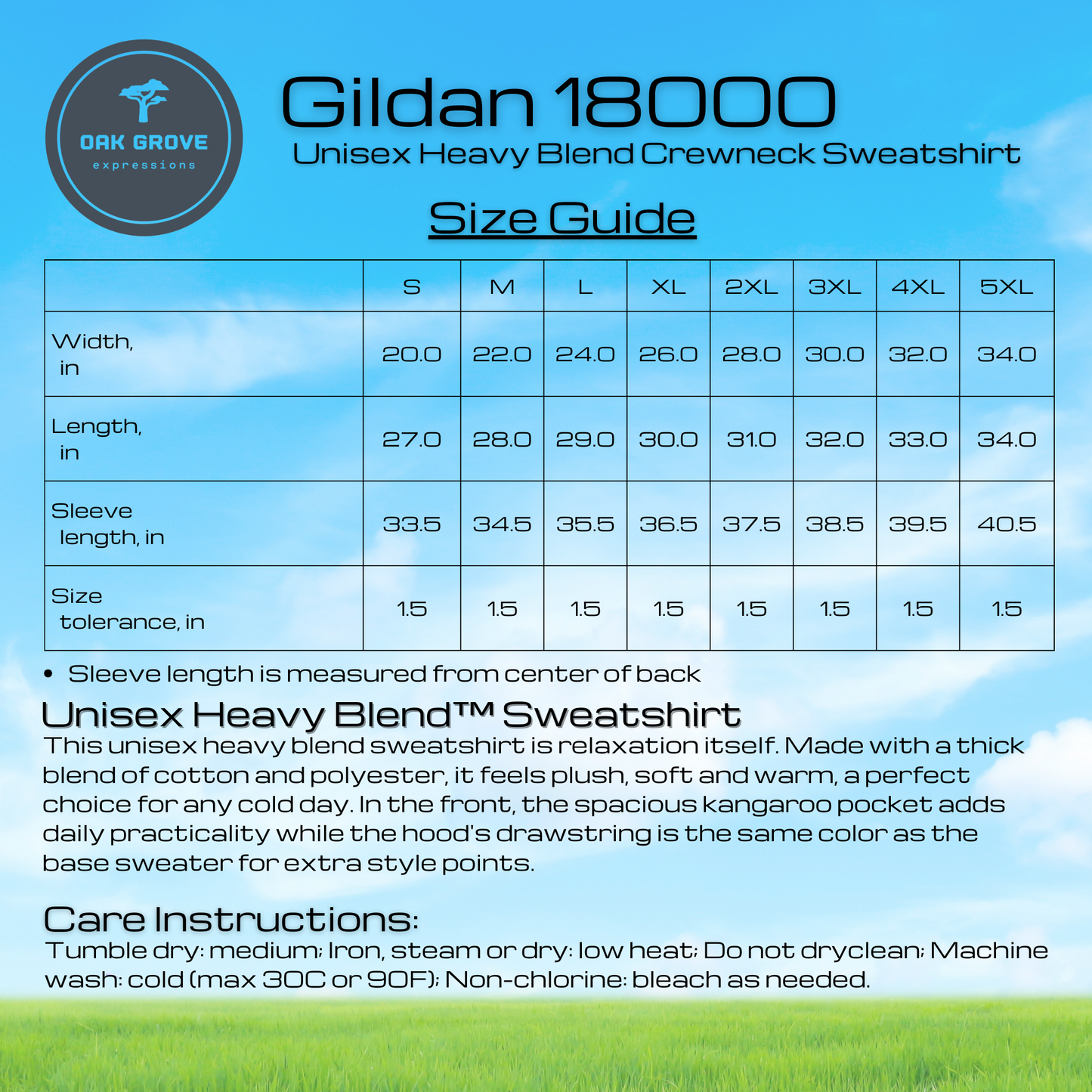 Gildan 18000 Unisex Heavy Blend Crewneck Sweatshirt size guide with specifications and care instructions.