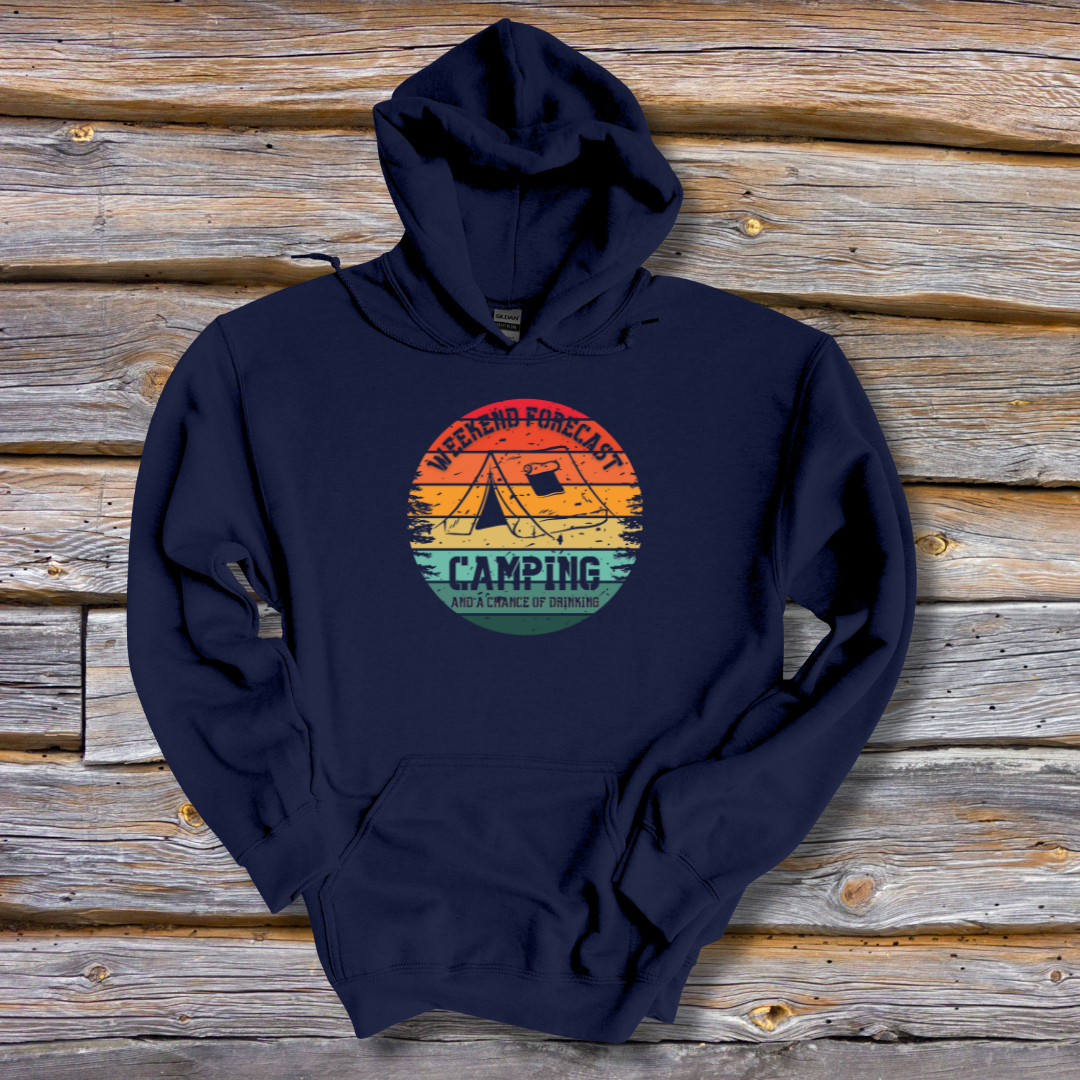 This is image of Weekend Forecast Camping and Drinking Long-Sleeve Hoodie version 2