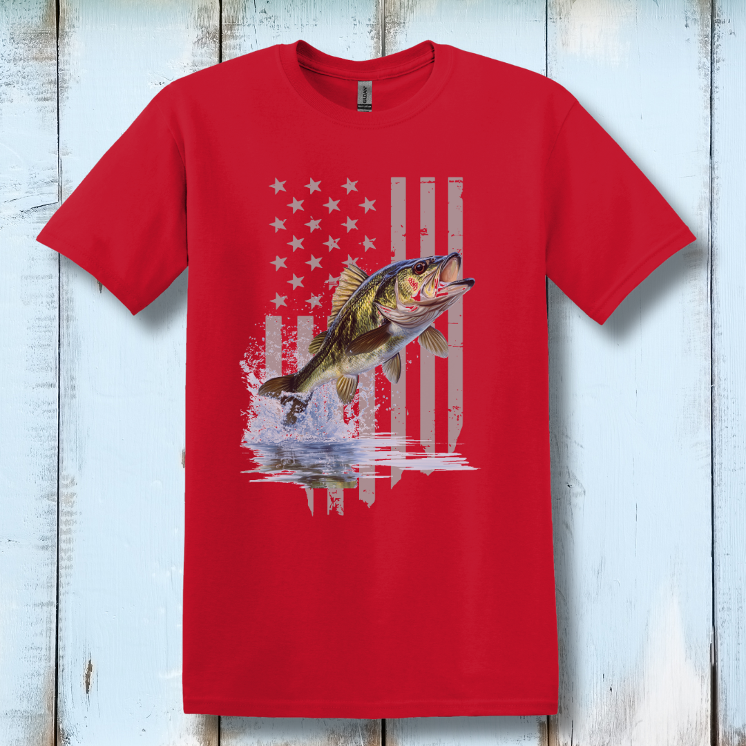 This is image of Largemouth Bass with Distressed Flag T-Shirt version 3