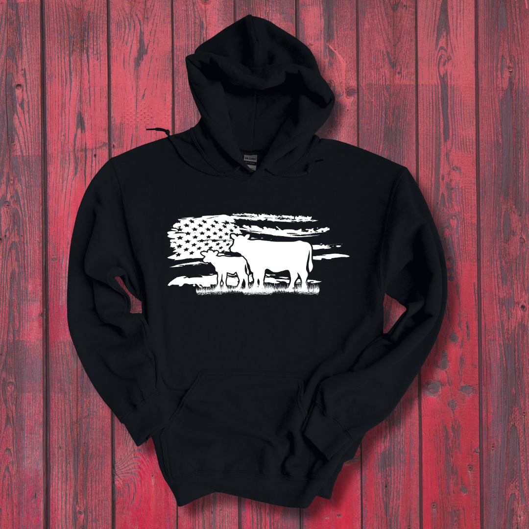 USA Cow Distressed Flag Long-Sleeve Hoodie | Gift Ideas for Farmers