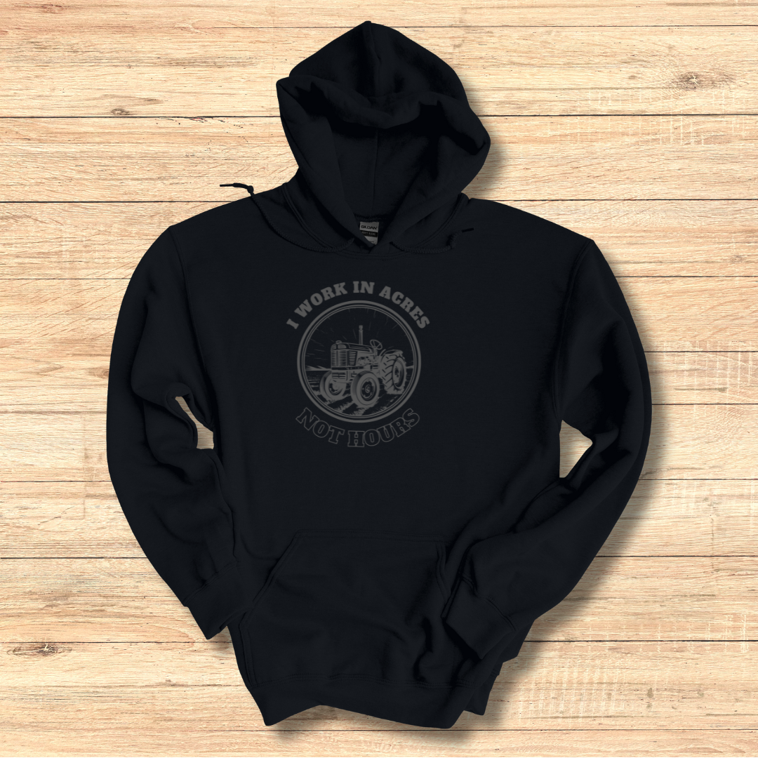 This is image of I Work in Acres Long-Sleeve Hoodie version 2