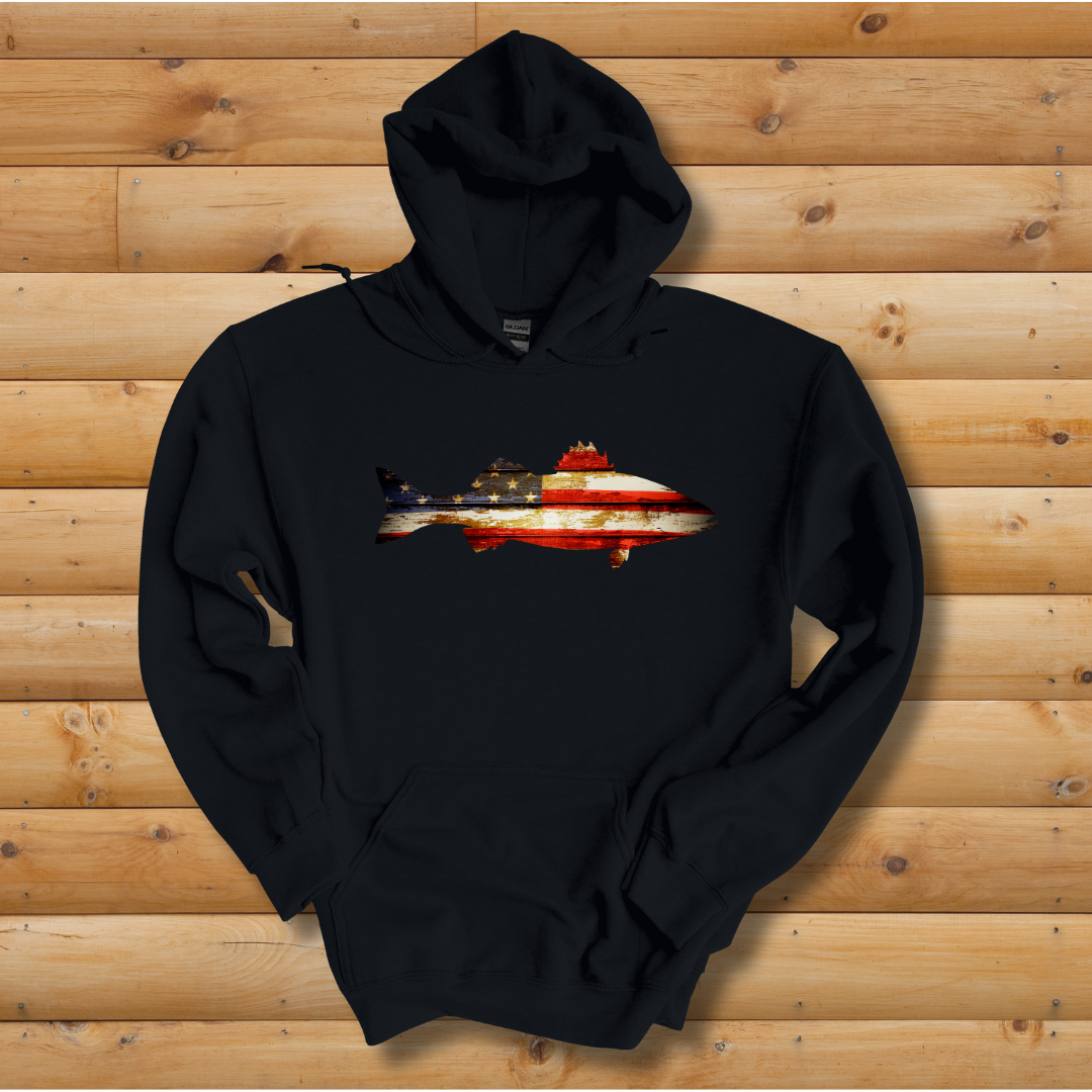 This is image of Distressed Bass Flag Long-Sleeve Hoodie version 2