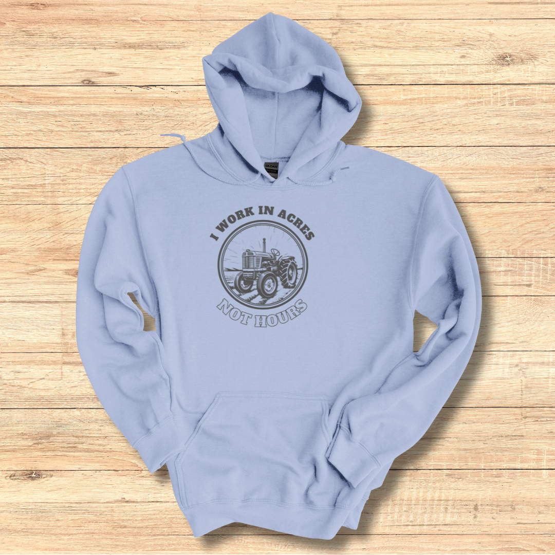 This is image of I Work in Acres Long-Sleeve Hoodie version 3