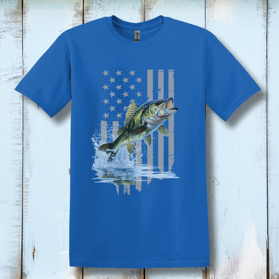 This is image of Largemouth Bass with Distressed Flag T-Shirt version 4
