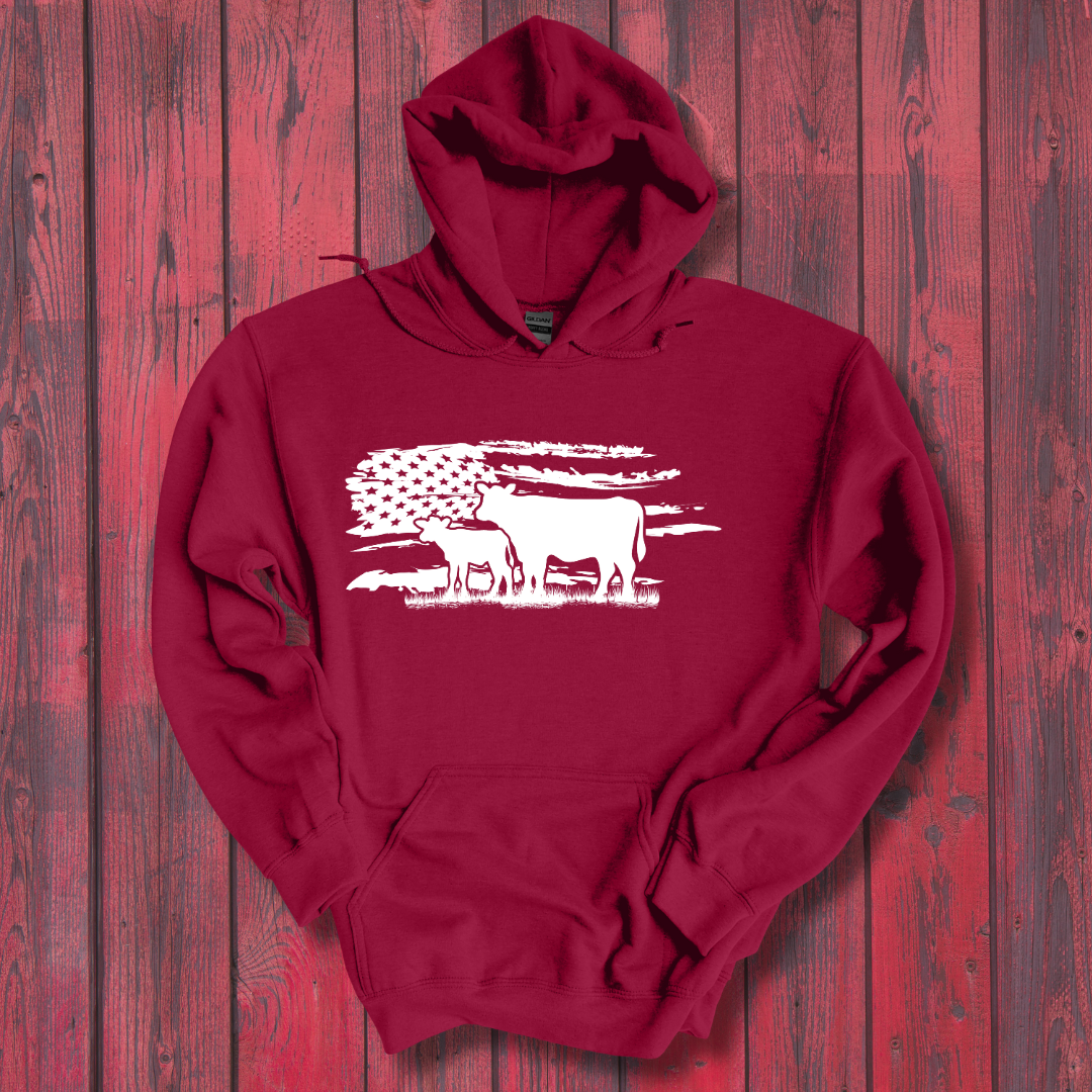 USA Cow Distressed Flag Long-Sleeve Hoodie | Gift Ideas for Farmers