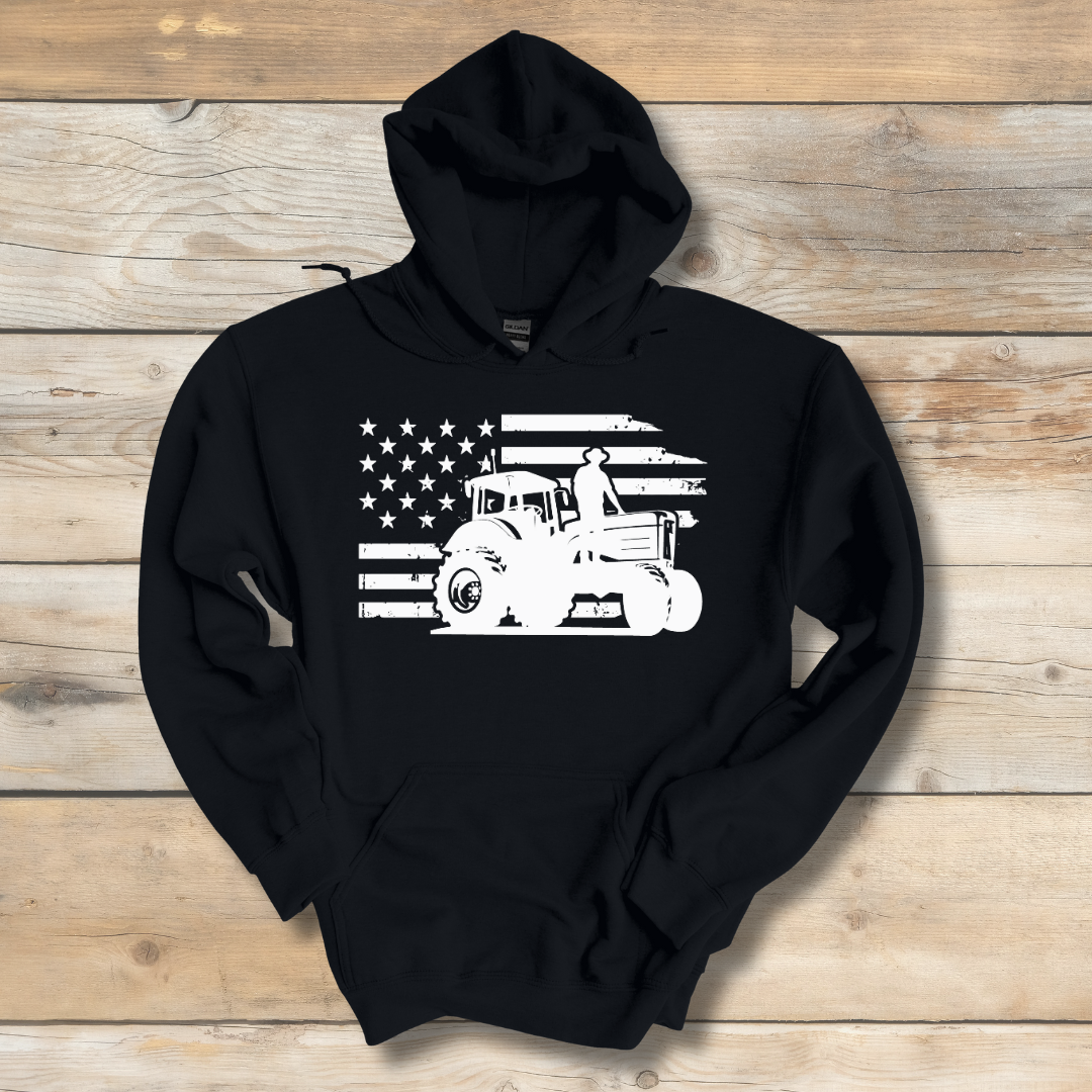 USA Tractor, Distressed Flag Long-Sleeve Hoodie | Farmer Gift