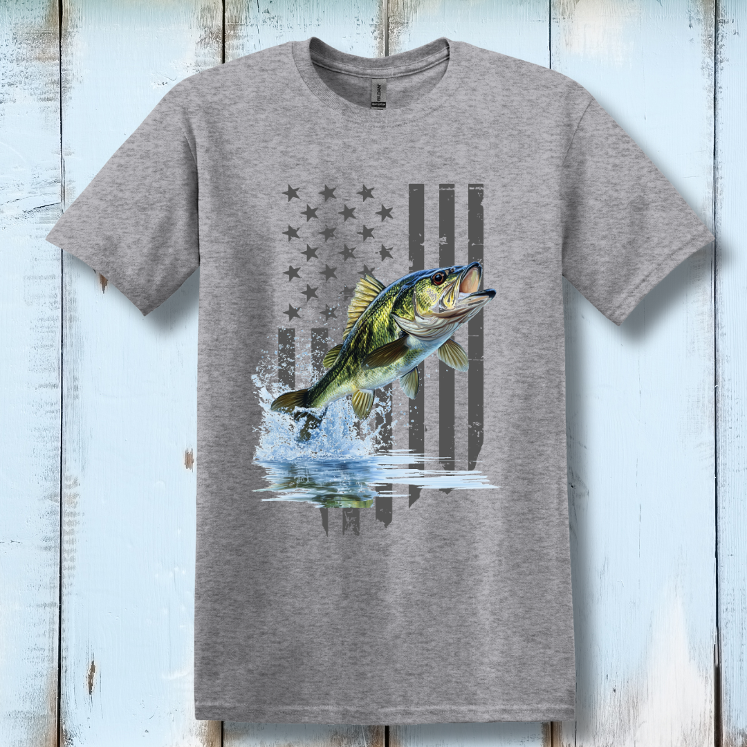 This is image of Largemouth Bass with Distressed Flag T-Shirt version 6