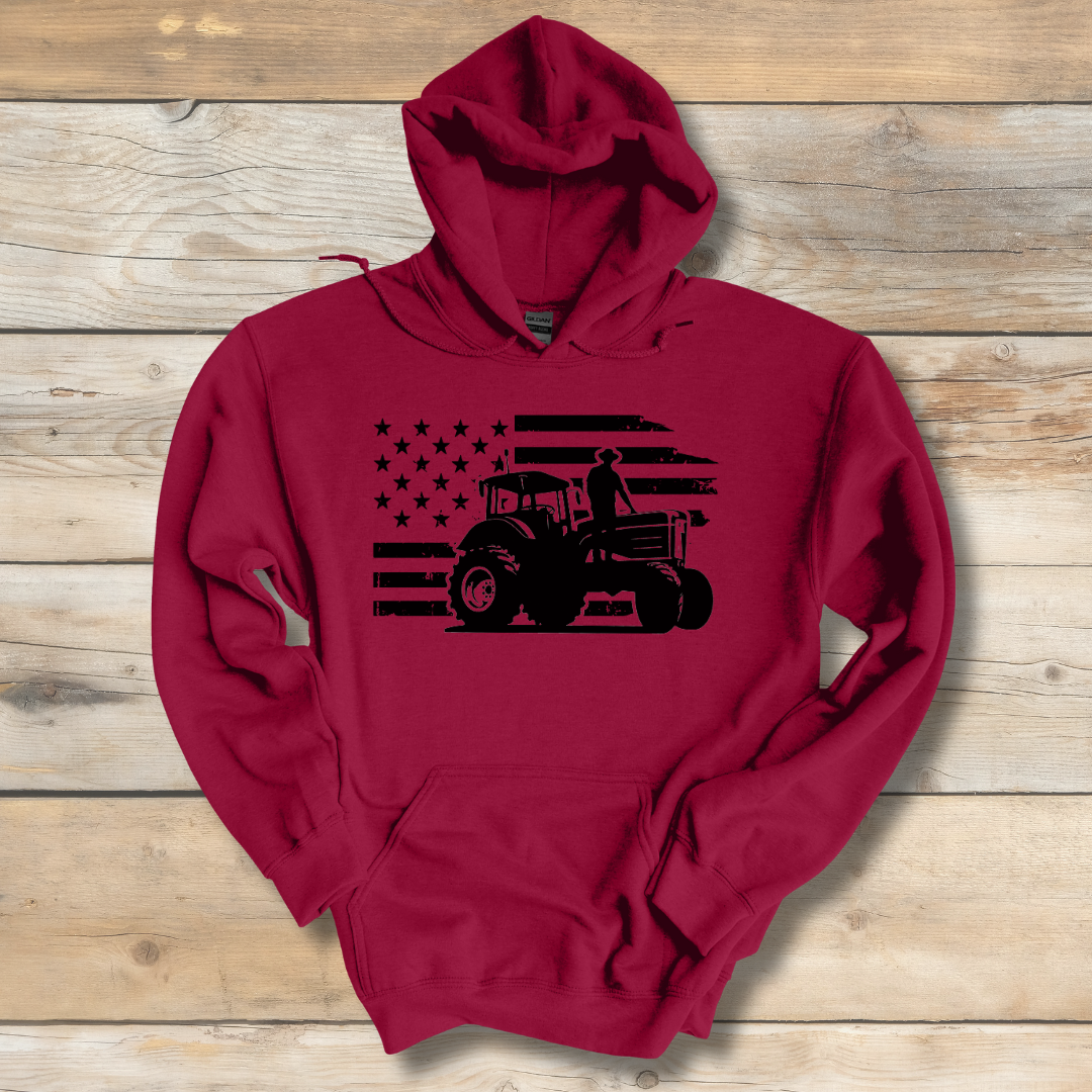 USA Tractor, Distressed Flag Long-Sleeve Hoodie | Farmer Gift