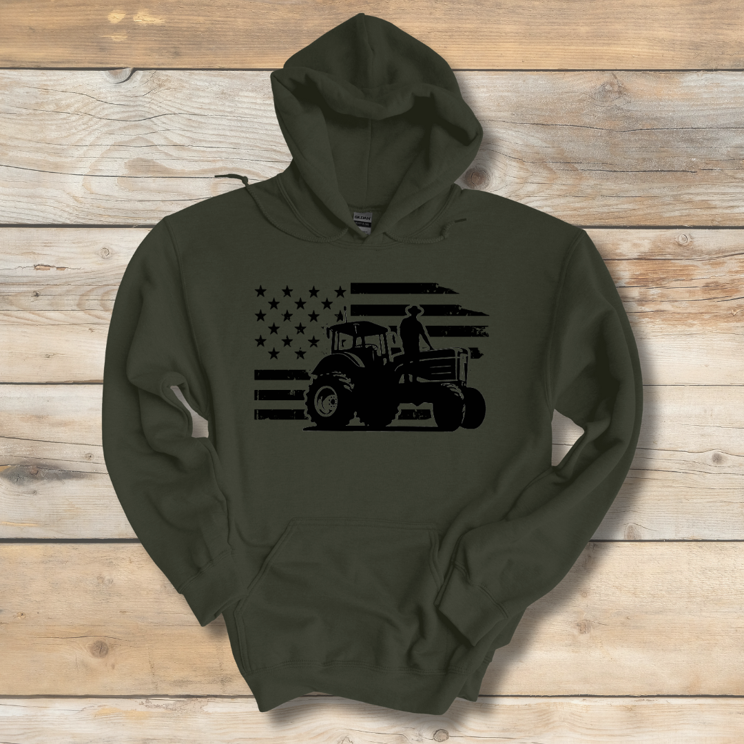 USA Tractor, Distressed Flag Long-Sleeve Hoodie | Farmer Gift