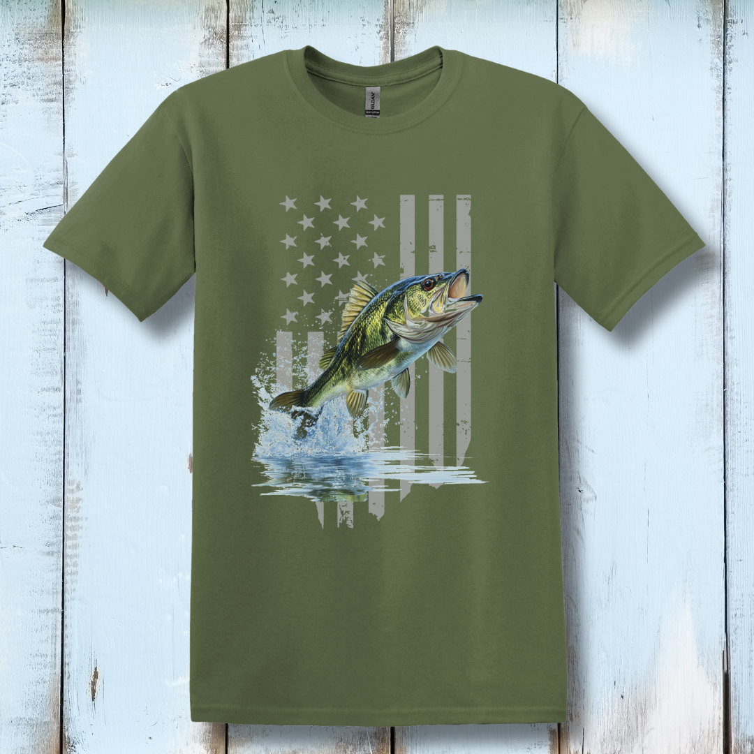This is image of Largemouth Bass with Distressed Flag T-Shirt version 5