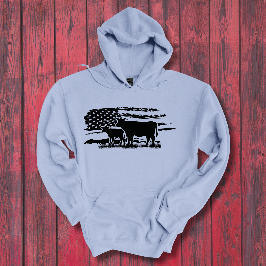 USA Cow Distressed Flag Long-Sleeve Hoodie | Gift Ideas for Farmers