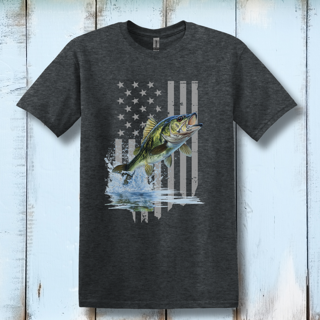This is image of Largemouth Bass with Distressed Flag T-Shirt version 7