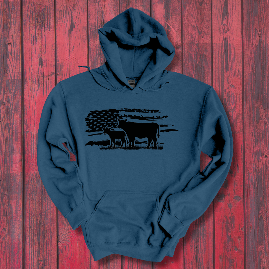 USA Cow Distressed Flag Long-Sleeve Hoodie | Gift Ideas for Farmers