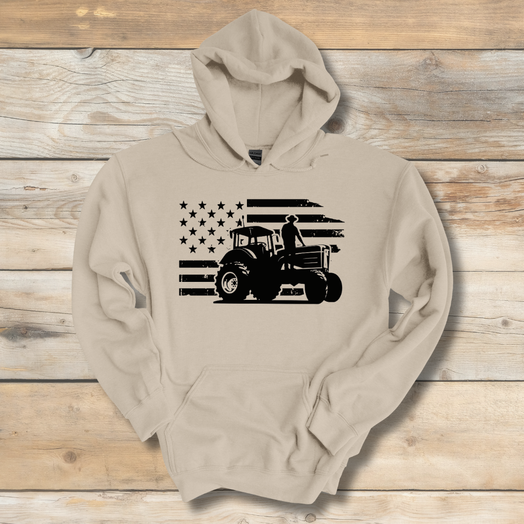USA Tractor, Distressed Flag Long-Sleeve Hoodie | Farmer Gift
