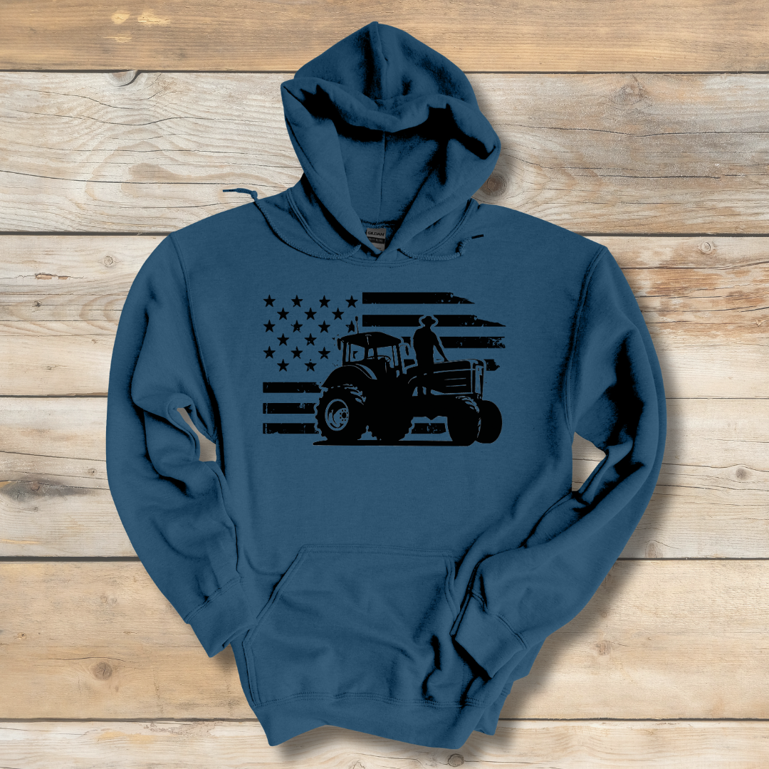 USA Tractor, Distressed Flag Long-Sleeve Hoodie | Farmer Gift
