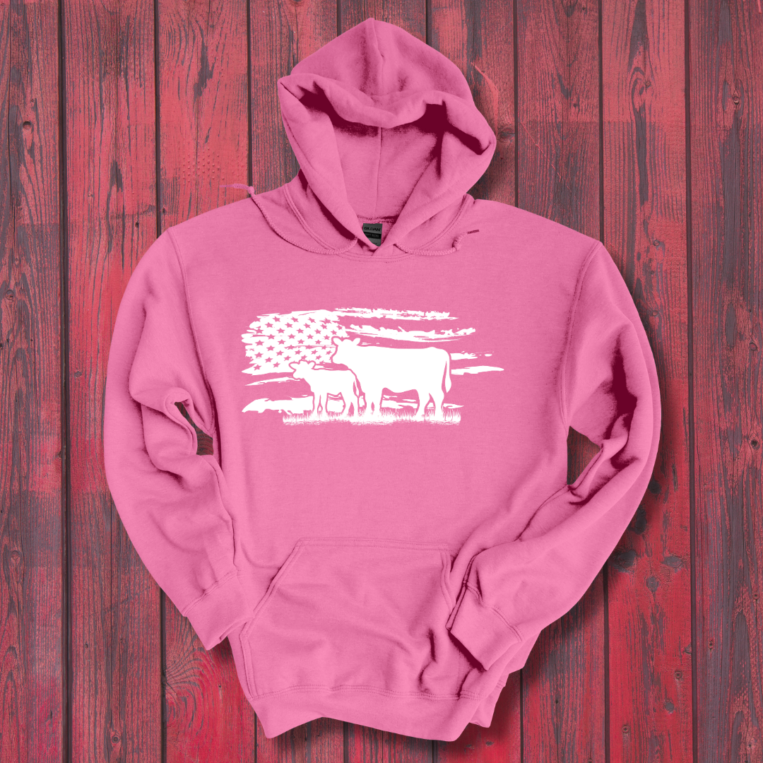 USA Cow Distressed Flag Long-Sleeve Hoodie | Gift Ideas for Farmers