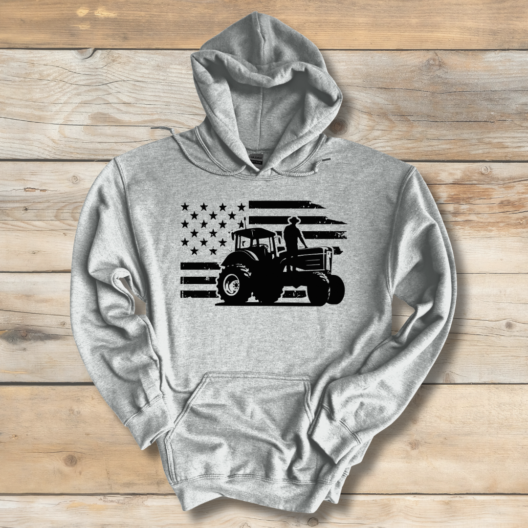 USA Tractor, Distressed Flag Long-Sleeve Hoodie | Farmer Gift