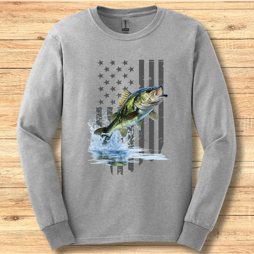 Largemouth Bass with Distressed Flag Long Sleeve Tee | Fishing Shirt