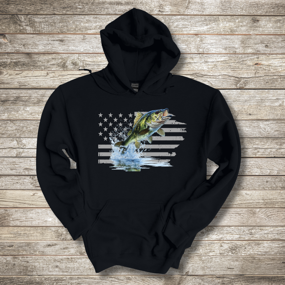 Largemouth Bass with Distressed Flag Hoodie | Fishing Gifts for Men
