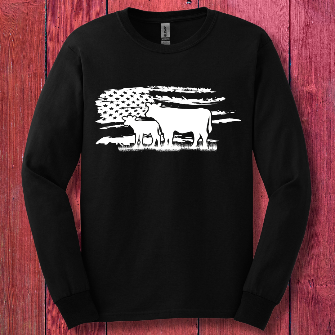 USA Cow Distressed Flag Long Sleeve Tee | Farmer Gift