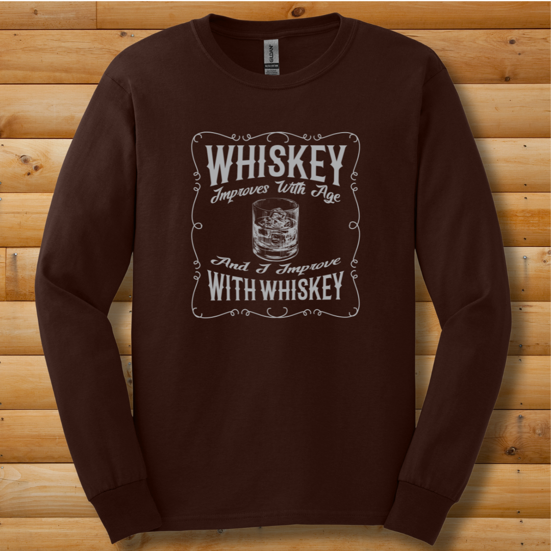 Whiskey Improves With Age Long Sleeve Tee | Whiskey Drinker Shirt