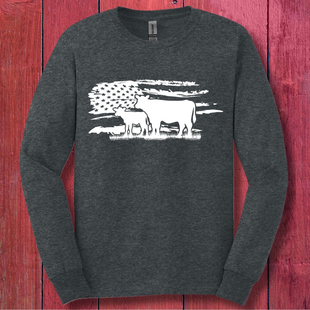 USA Cow Distressed Flag Long Sleeve Tee | Farmer Gift