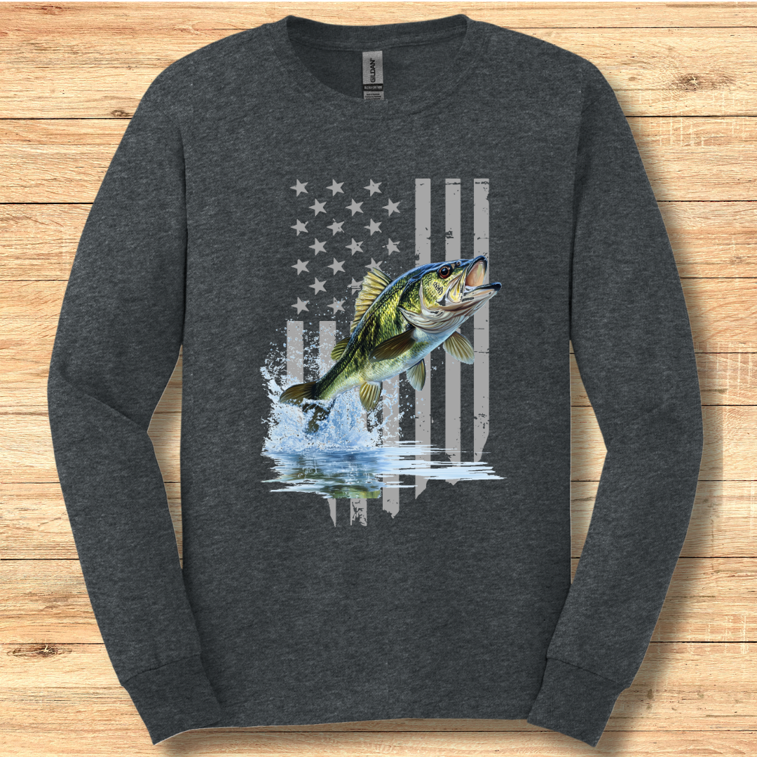 Largemouth Bass with Distressed Flag Long Sleeve Tee | Fishing Shirt