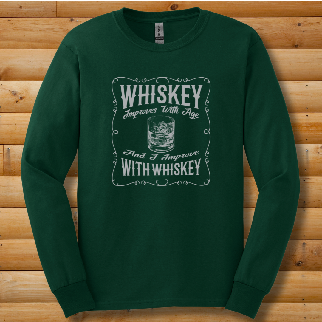 Whiskey Improves With Age Long Sleeve Tee | Whiskey Drinker Shirt