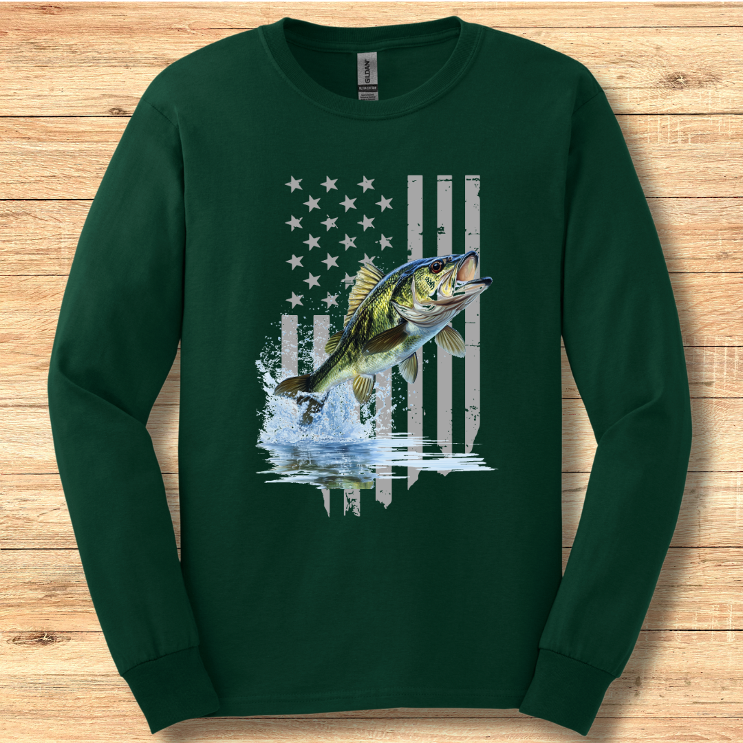 Largemouth Bass with Distressed Flag Long Sleeve Tee | Fishing Shirt