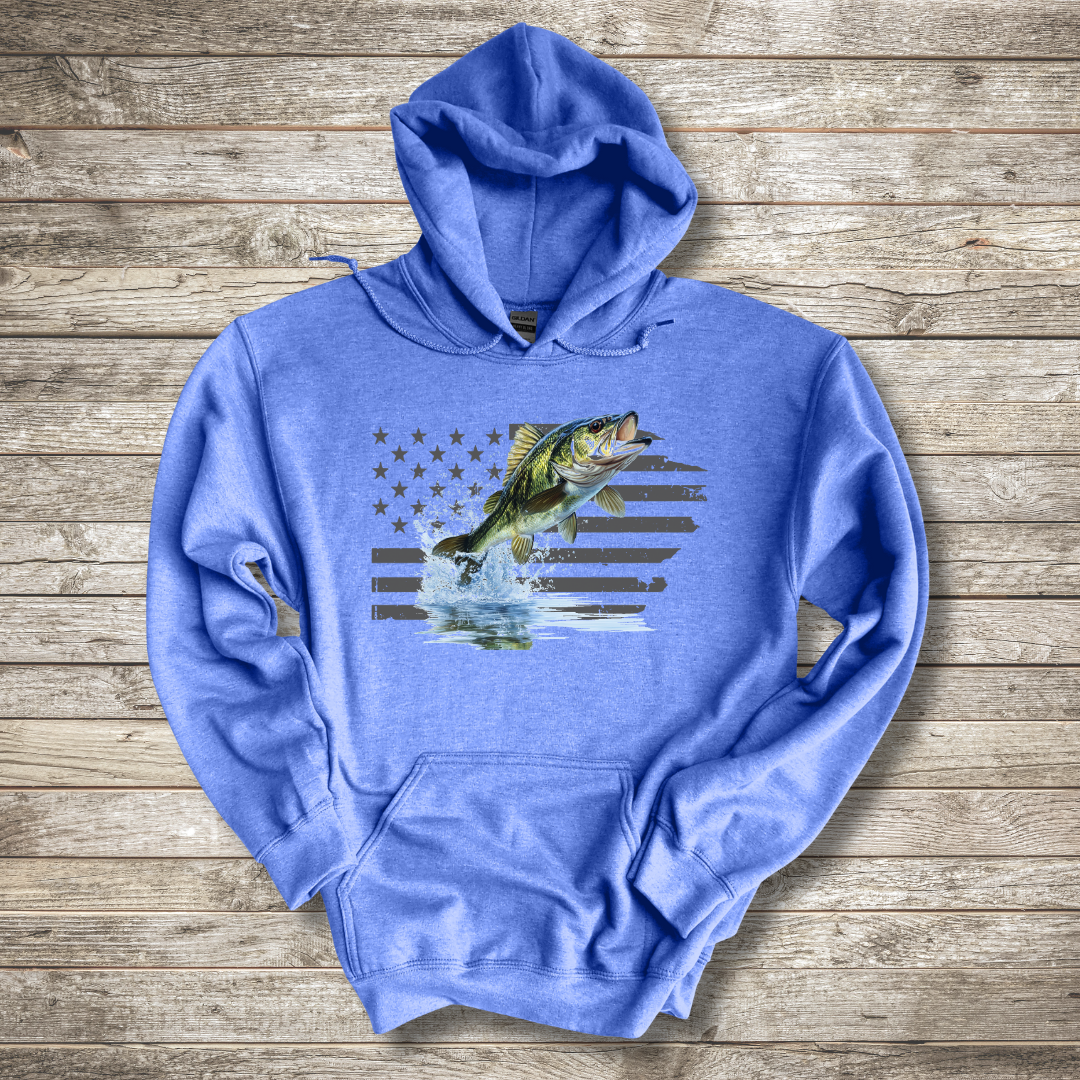 Largemouth Bass with Distressed Flag Hoodie | Fishing Gifts for Men