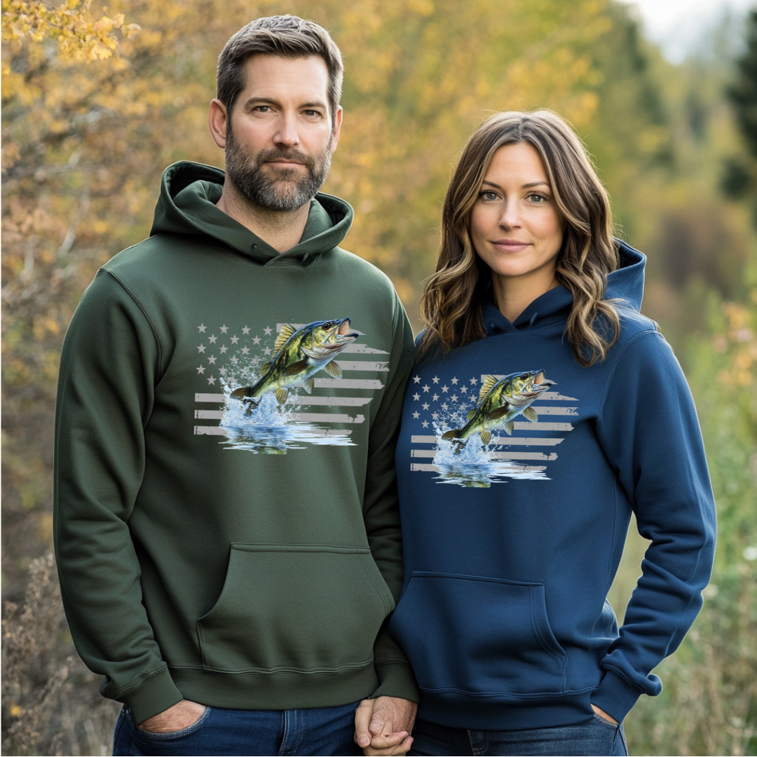 Largemouth Bass with Distressed Flag Hoodie | Fishing Gifts for Men