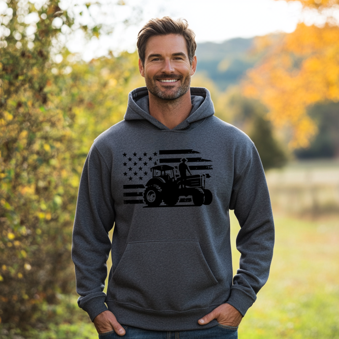 USA Tractor, Distressed Flag Long-Sleeve Hoodie | Farmer Gift