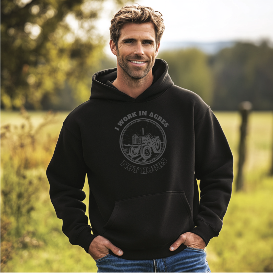 I Work in Acres Long-Sleeve Hoodie | Farmer Gift