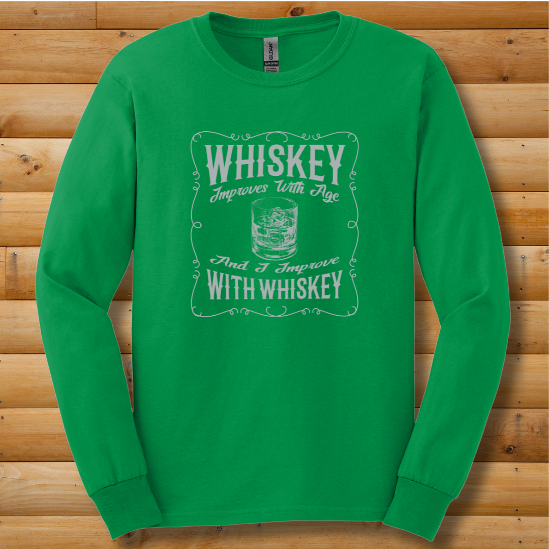Whiskey Improves With Age Long Sleeve Tee | Whiskey Drinker Shirt