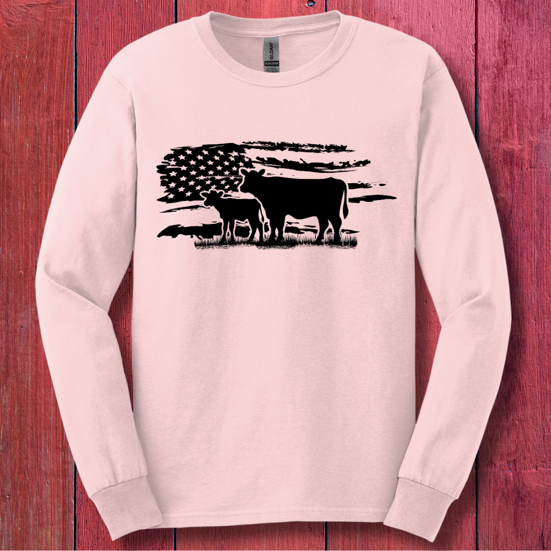 USA Cow Distressed Flag Long Sleeve Tee | Farmer Gift