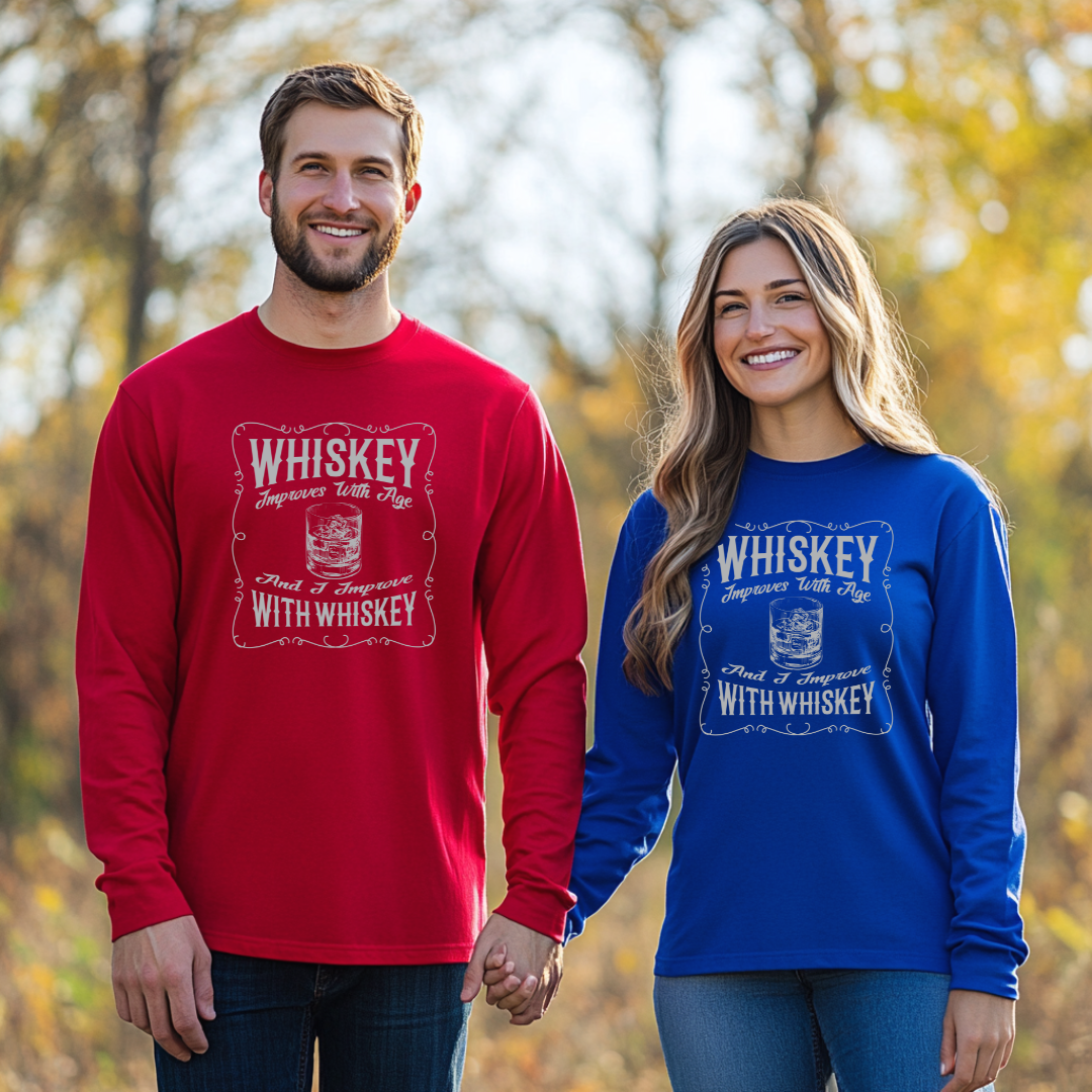 Whiskey Improves With Age Long Sleeve Tee | Whiskey Drinker Shirt