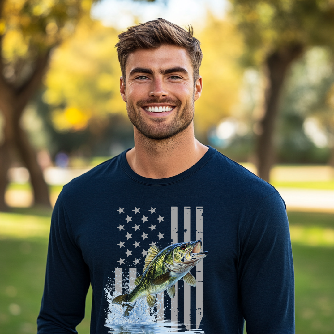 Largemouth Bass with Distressed Flag Long Sleeve Tee | Fishing Shirt
