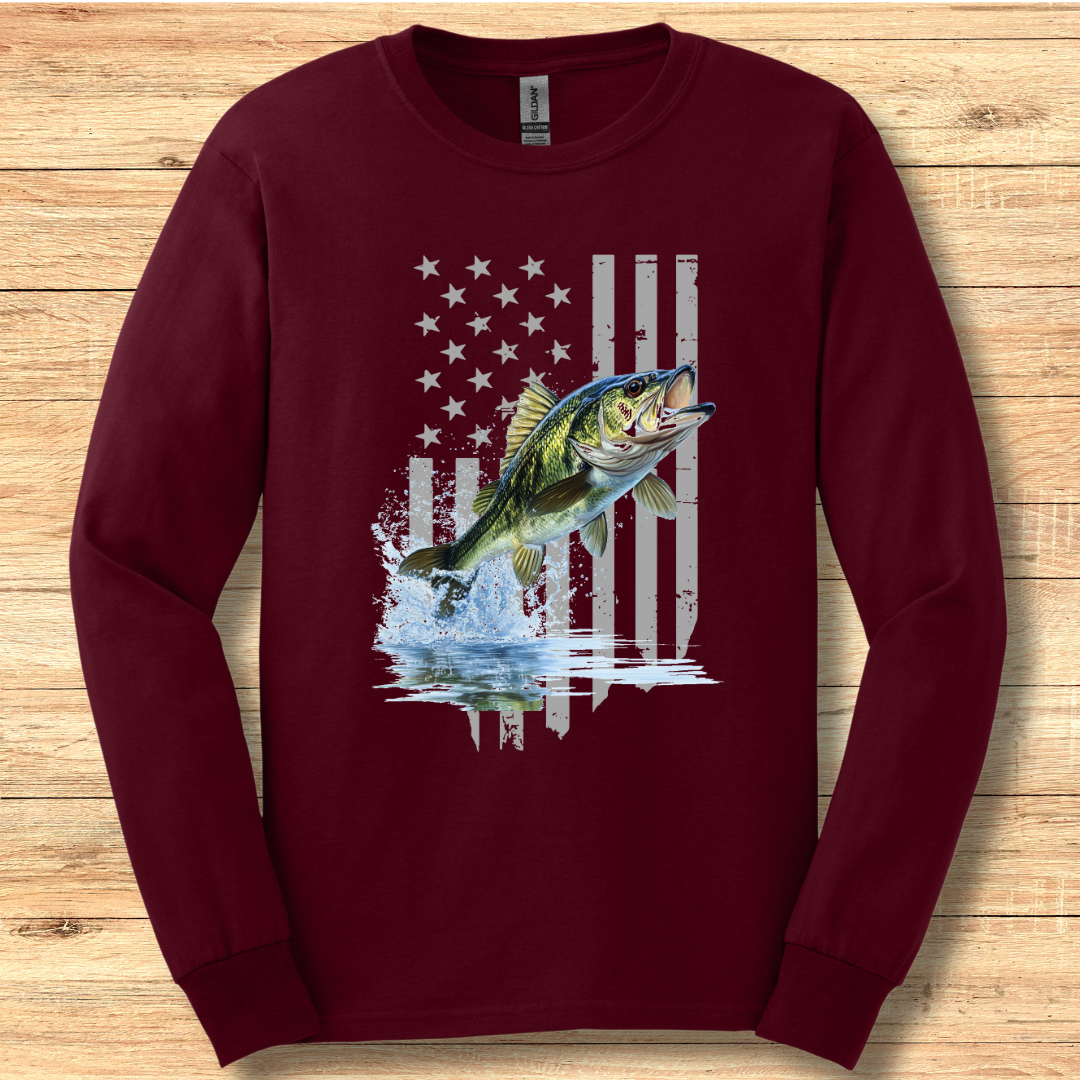 Largemouth Bass with Distressed Flag Long Sleeve Tee | Fishing Shirt