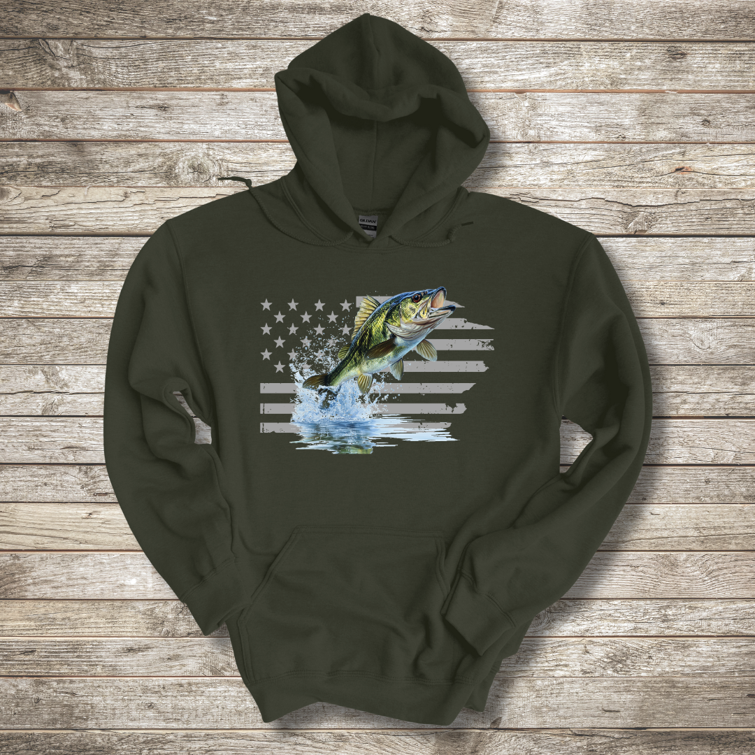 Largemouth Bass with Distressed Flag Hoodie | Fishing Gifts for Men