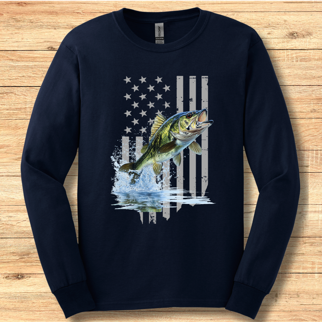 Largemouth Bass with Distressed Flag Long Sleeve Tee | Fishing Shirt