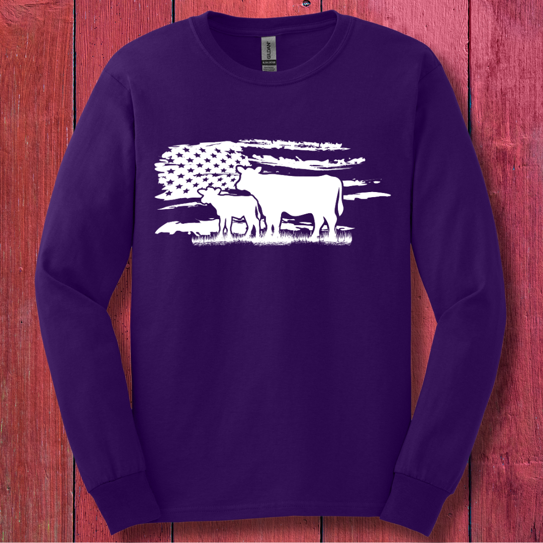 USA Cow Distressed Flag Long Sleeve Tee | Farmer Gift