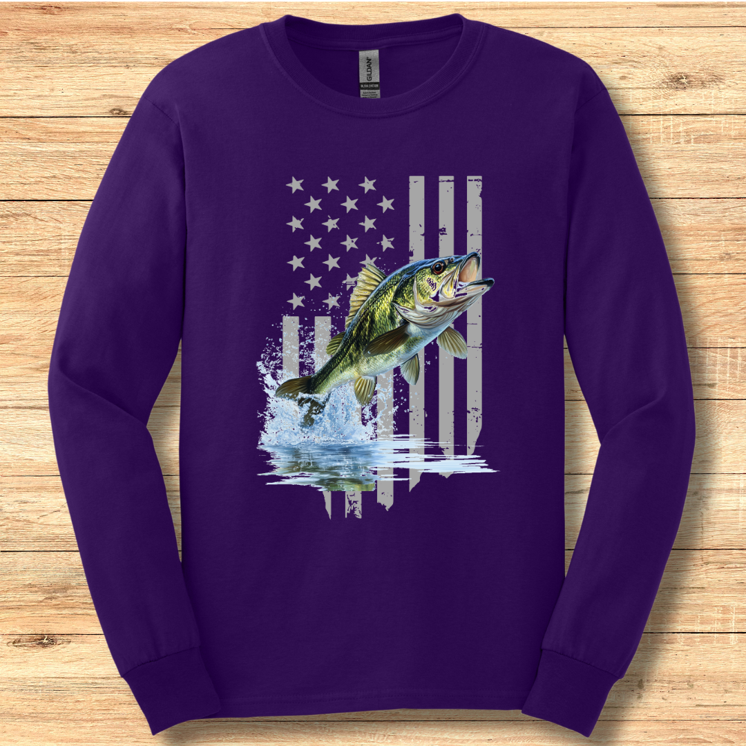 Largemouth Bass with Distressed Flag Long Sleeve Tee | Fishing Shirt