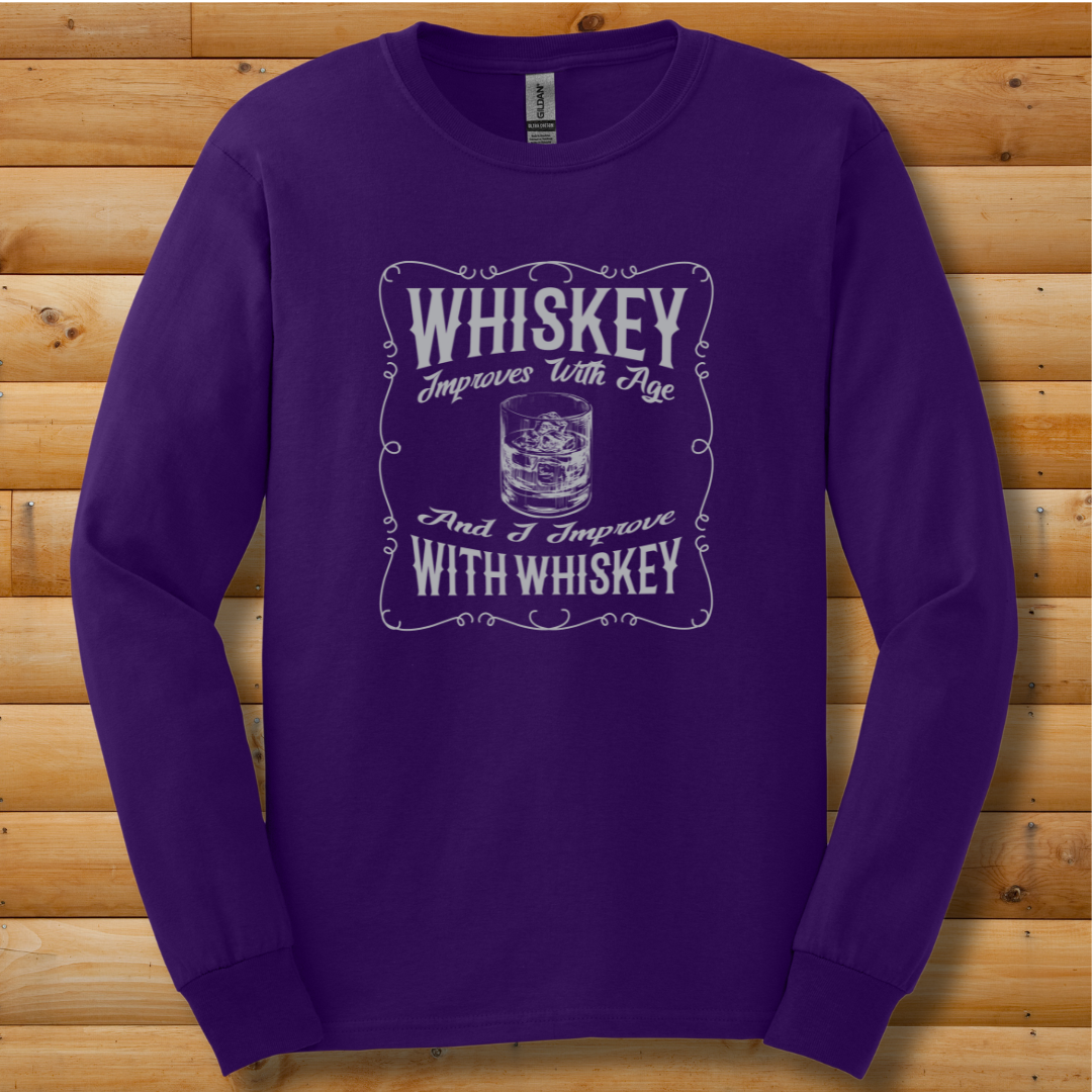 Whiskey Improves With Age Long Sleeve Tee | Whiskey Drinker Shirt